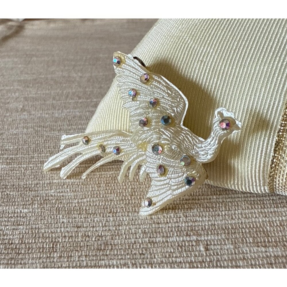 Vintage Iridescent Rhinestone Bird Brooch Pin white Feathers Sparkle